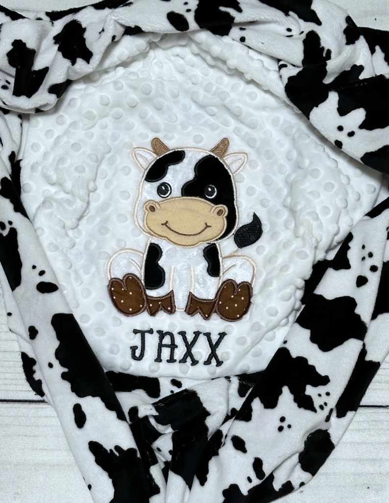 Personalized Cow Baby Blanket Handmade Baby Gift Choose your colors Nursery Bedding Cow print Cow Embroidery Design image 1