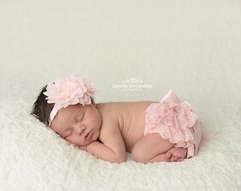 NEWBORN BLOOMER SET, Pink Ruffled Lace Diaper Cover,Lace Bloomer Set and Matching Headband,Newborn Photo Outfit, Many Colors Available,