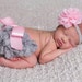 Grey and Pink Ruffled Lace Diaper Cover,Lace Bloomer Set and Matching Newborn Headband,Newborn Photo Outfit, Smash Cake Outfit