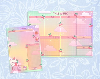 Cherry Bear Memo Note Pad Weekly Planner | Kawaii Art Pastel Aesthetic Stationery