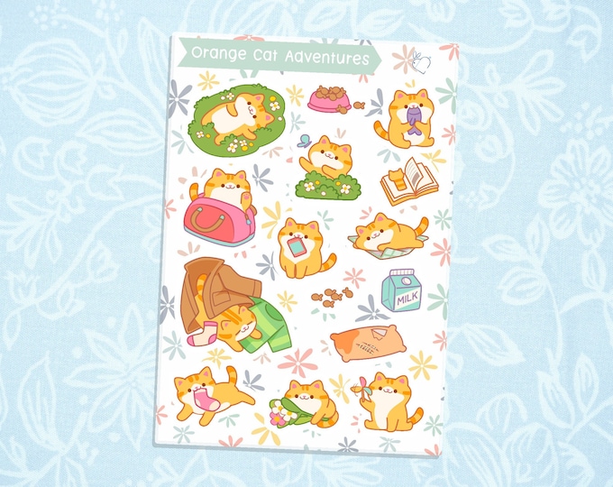 Orange Cat Adventures | Cute Kawaii Deco Planner Journal Sticker Sheet