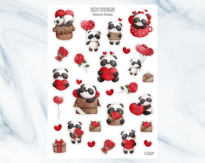 Valentine Pandas Sticker Sheet | Journal, Scrapbook, Planner Stickers