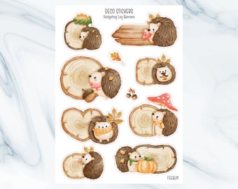 Autumn Hedgehog Logs Sticker Sheets | Cute Animal Fall Aesthetic Journal, Scrapbook, Planner Stickers