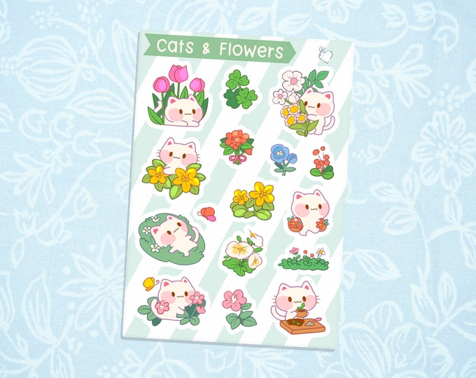 Cats & Flowers | Cute Kawaii Deco Planner Journal Sticker Sheet SS022 ...