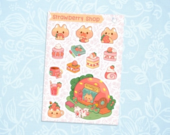 Strawberry Cat | Cute Kawaii Deco Planner Journal Sticker Sheet