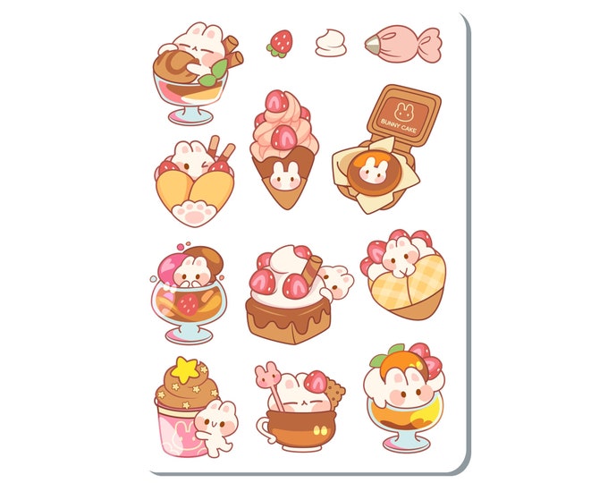 Strawberry Bunny Sweets Cute Kawaii Vinyl Sticker Sheet Great for Planners, Journaling, Scrapbooking, Laptop, Water Bottle | SS029