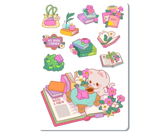 White Cat Book Lover Sticker Sheet