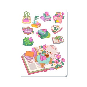 Hoja de calcomanías de vinilo para amantes de los libros con diseño de gato blanco, ideal para planificadores, diarios, álbumes de recortes, bullet journals, computadoras portátiles y botellas de agua / SS043