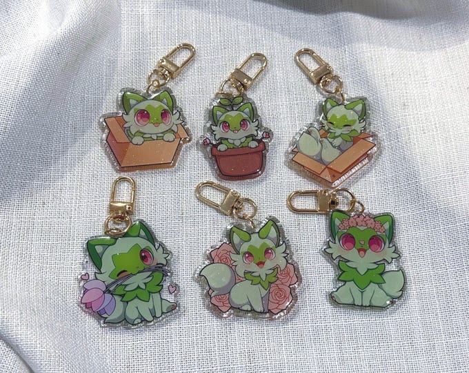 Featured listing image: Sprigatito 2” Acrylic Keychains | Double Sided Glitter Epoxy