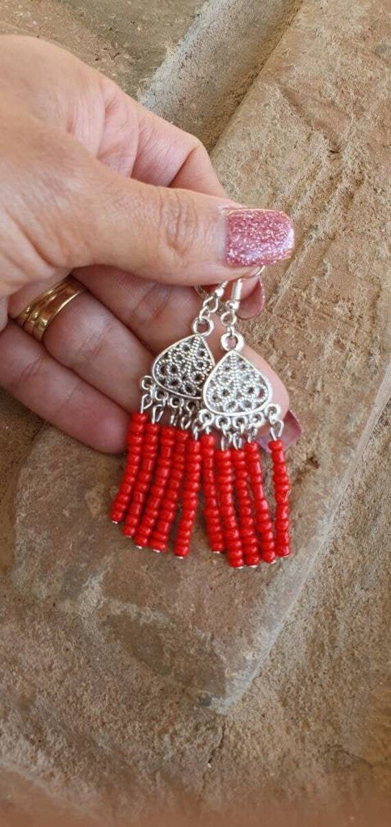 Red Beaded Earrings Gift For Girlfriend Seed Bead Australia Red Beaded Earrings Gift For Girlfriend, Beaded Chandelier Earrings Red