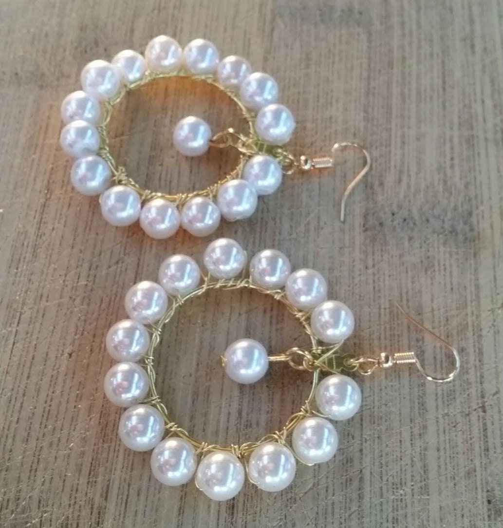 Pearl Hoop Earrings Pearl Dangle Earringswire Wrapped Hoop | Etsy Australia