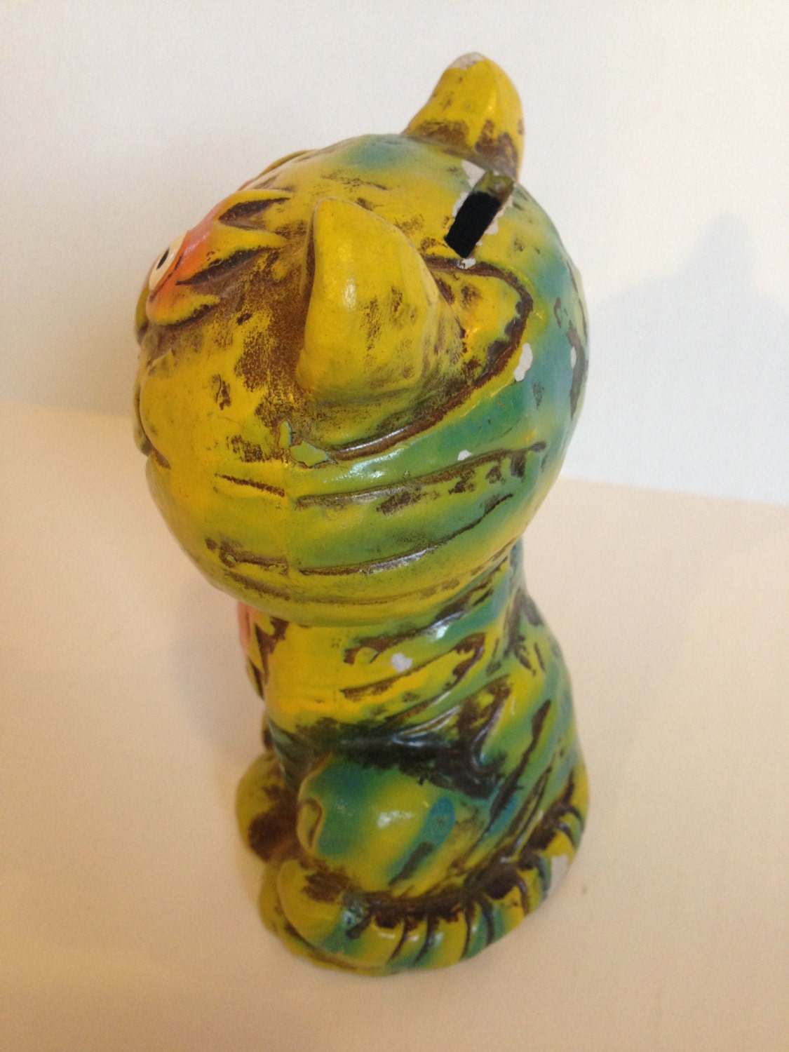 Vintage cat ceramic piggy bank yellow orange and green Etsy