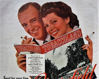 1941 Chesterfield Cigarettes Vintage Advertisement Fred Astaire Rita Hayworth Man Cave Wall Art Game Room Decor Original Magazine Ad