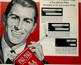 1952 Pall Mall Cigarettes Vintage Advertisement Bar Decor Game Room Decor Man Cave Decor Original Magazine Print Ad Tobacco Art Unique Art