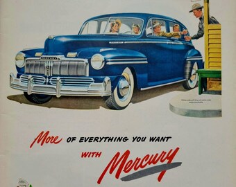 1947 Mercury Automobile Vintage Advertisement Automotive Wall Art Classic Car Print Man Cave Decor Original Magazine Ad Automobilia Auto Art