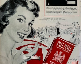 1952 Pall Mall Cigarettes Vintage Advertisement Bar Decor Game Room Decor Man Cave Decor Woman Smoking Magazine Ad Tobacco Art Unique Art