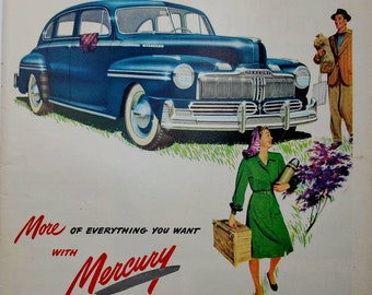 1947 Mercury Automobile Vintage Advertisement Automotive Wall Art Classic Car Print Man Cave Decor Original Magazine Ad Automobilia Auto Art