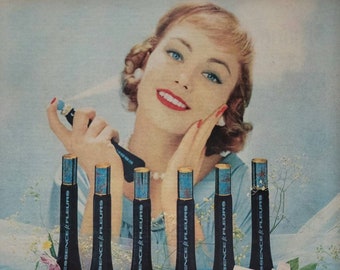 Reklama kosmetyków Avon z 1958 r.: Wystrój salonu piękności w stylu vintage, reklama drukowana w magazynie „Wystrój łazienki”