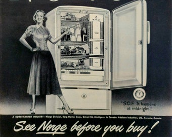 1948 Norge Refrigerator Vintage Advertisement Kitchen Wall Art Appliance Decor Vintage Fridge Ad Vintage Kitchen Decor Magazine Ad