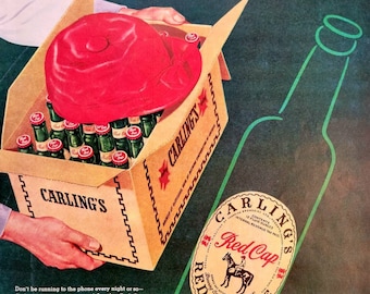 Publicité pour la bière Carling's Red Cap Ale de 1947 : décoration de bar vintage, oeuvre d'art murale homme des cavernes