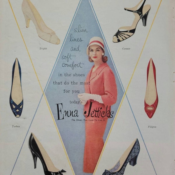 1958 Enna Jetticks Shoes Vintage Advertisement Bedroom Wall Art Womens Fashion Decor Boutique Decor Magazine Ad Unique Art Vintage Shoes