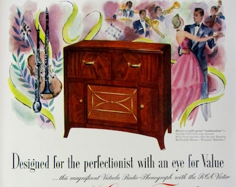1948 RCA Victor Victrola Radio Phonograph Ad: Vintage Music Decor Magazine Print Advertisement