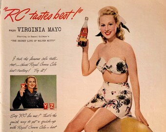 1947 Royal Crown RC Cola Ad: Vintage Soda Pop Kitchen Wall Art, Virginia Mayo