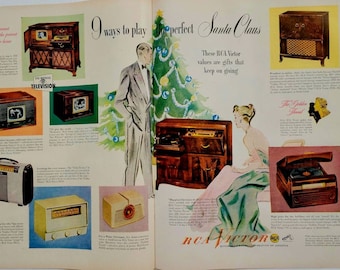1948 RCA Victor Radio Record Player Ad: Vintage Christmas Holiday Music Room Wall Art