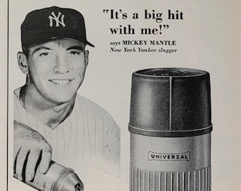 1957 Universal Pour-Easy Bottle Vintage Advertisement Mickey Mantle Baseball Vintage Wall Art Sports Decor New York Yankees Magazine Ad