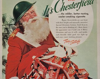 Publicité pour le père Noël cigarettes Chesterfield de 1942 : publicité imprimée pour le magazine WWII, décoration de vacances de Noël vintage