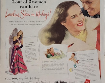 1946 Palmolive Soap Ad: Vintage Bathroom Wall Art, Powder Room Decor, Magazine Print Advertisement