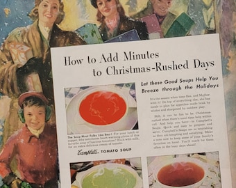 1946 Campbells Soup Ad: Vintage Christmas Holiday Kitchen Decor, Diner Wall Art, Magazine Advertisement