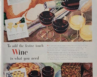 1946 California Wine Ad: Vintage Kitchen Bar Wall Art, Alcohol Magazine Print Advertisement