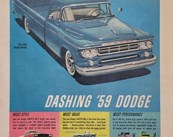 1959 Dodge Sweptline Truck Ad: Vintage Automotive Magazine Print Advertisement, Man Cave Decor