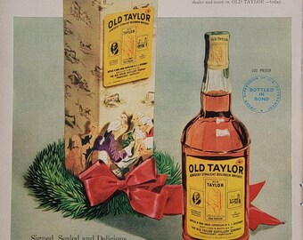 1949 Old Taylor Kentucky Bourbon Whiskey Ad: Vintage Christmas Holiday Bar Decor Magazine Advertisement