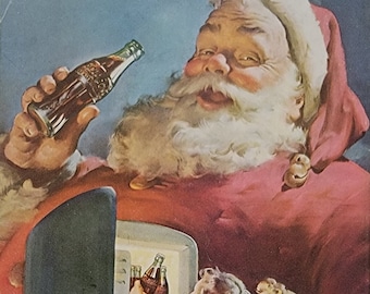 1950 Coca Cola Santa Claus Ad: Vintage Christmas Holiday Kitchen Wall Art, Coke Advertisement