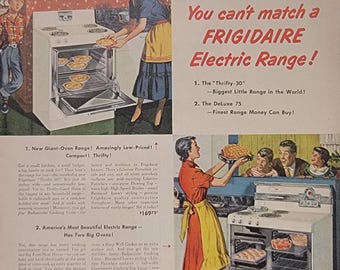 1950 Frigidaire Electric Range Ad: Vintage Kitchen Wall Art Magazine Print Advertisement