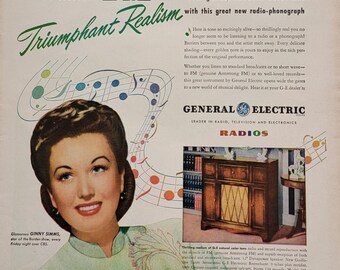 1947 General Electric Radio Ad: Vintage Music Decor Magazine Print Advertisement, Ginny Simms
