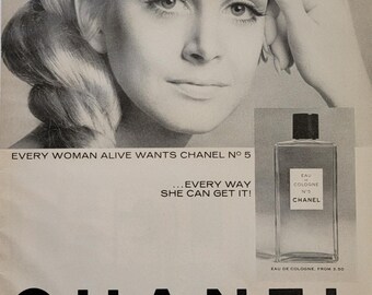 1967 Chanel No. 5 Perfume Ad: Vintage Bedroom Decor Fragrance Magazine Print Advertisement
