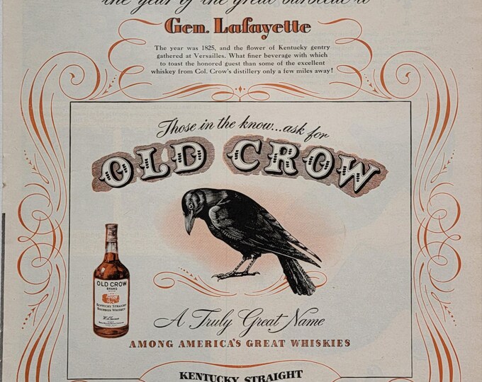 1947 Old Crow Kentucky Bourbon Whiskey Ad: Vintage Bar Man Cave Decor Magazine Advertisement