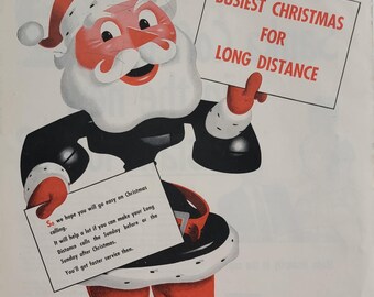 1946 Bell Telephone Systems Santa Claus Ad: Vintage Christmas Holiday Office Decor Magazine Advertisement