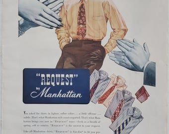 Pubblicità di Manhattan Shirts del 1942: Moda maschile vintage, arredamento per la stanza degli hobby, arredamento per la camera da letto, pubblicità su rivista