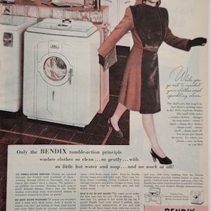 1947 Bendix Washing Machine Ad: Vintage Laundry Room Wall Art Magazine Print Advertisement