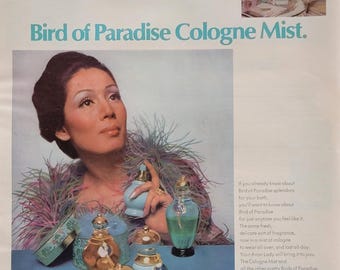 1970 Avon Cosmetics Ad: Vintage Bathroom Decor, Bird of Paradise Cologne Magazine Print Advertisement