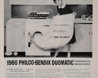 1960 Philco Bendix Duomatic Washer Dryer Vintage Ad: Vintage Laundry Room Decor Magazine Print Advertisement
