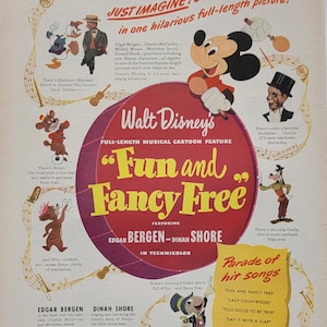 1947 Walt Disneys Fun and Fancy Free Movie Ad: Vintage Mickey Mouse Magazine Print Advertisement