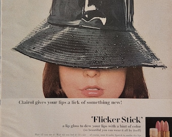 1965 Clairol Flicker Stick Lip Gloss Ad: Vintage Bathroom Decor, Makeup Cosmetics Print Advertisement
