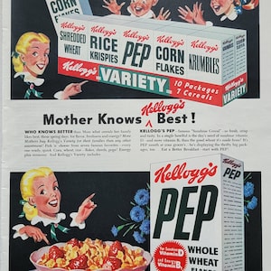 1948 Kellogg&#39;s Cereal Vintage Advertisement Kitchen Wall Art Dining Room Decor Corn Flakes Ad Pep Cereal Magazine Ad Vintage Kitchen Decor