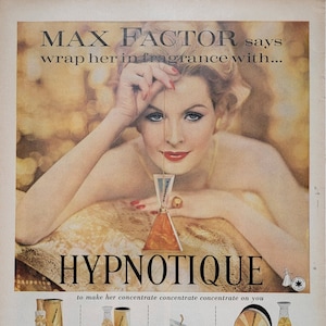 1959 Max Factor Hypnotique Fragrance Perfume Vintage Advertisement Bathroom Wall Art Beauty Salon Decor Powder Room Art Magazine Print Ad