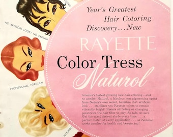 Pubblicità vintage per la colorazione dei capelli Rayette Naturol Color Tress del 1958, decorazione da parete per bagno, salone di bellezza, regalo per stilista, rivista, annuncio pubblicitario